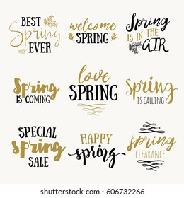 It's spring time lettering greeting cards set. Special spring sale typography poster in gold black and white colors. Vector illustration.