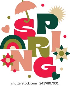 Frühlingszeit. Komposition von Buchstaben und Symbolen. Farbige und vektorminimalistische Symbole. Karte, Marke, Logo