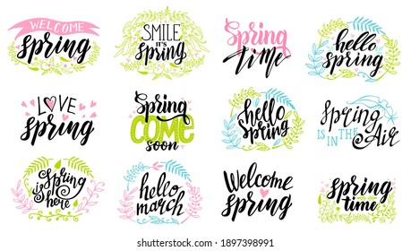 Spring time lettering typography set. Spring lettering isolated set with decorative elements. Calligraphy postcard or poster graphic design element. Hand written style card. Simple vector brush sign.