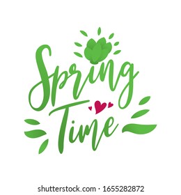 Logotipo de resorte de Adiós en estilo de letra. Texto de saludo de primavera con hoja para la tarjeta de saludo, plantilla de invitación, diseño de afiches