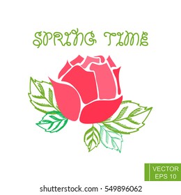 Spring time logo in a curved frame with pink outlined rose and leaves. Vector illustration for banners, posters, greeting cards, spring sales, logos etc.