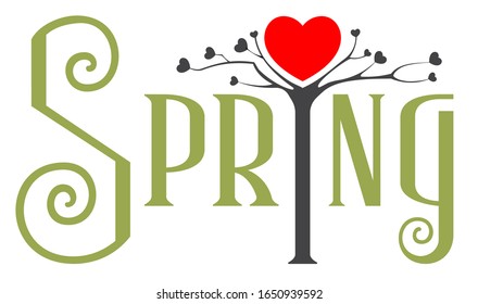 La primavera es el momento del amor. El árbol de amor florece en forma de corazón. Plantilla de tarjeta de felicitación de texto de concepto de carta. Aislado en ilustración vectorial blanca