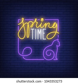 Spring time neon sign. Cat as part of creative frame on brick wall. Night bright advertisement. Vector illustration in neon style for season and feline spring fever