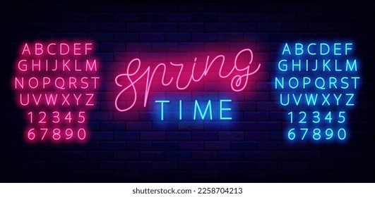 Spring time neon sign. Glowing lettering on brick wall. Season evening. Light blue and pink alphabet. Night club event advertising. Shiny greeting card. Bright banner. Vector stock illustration