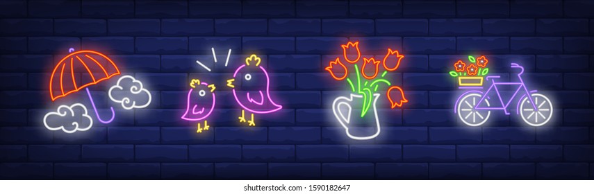 Spring time neon sign set. Tulips, twittering birds, umbrella, bike. Vector illustration in neon style, bright banner for topics like march, season, summer