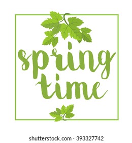 Spring Time on background with spring flowers. Spring time lettering. Spring background design for spring .Words Spring time with fresh flowers, branches,leaves . Vector illustration