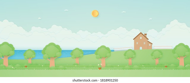 Spring Time, panorama landscape, sea, house on the hill and fence, garden with trees, plant pots, flowers on grass, bird on the branch, paper art style