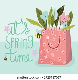 Spring Time Paper Bag With Flowers Nature Decoration Vector Illustration