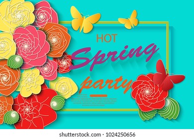Spring time party background with colorful flowers and butterflies. Template for banners flyers invitation posters brochure, voucher discount. Vector illustration