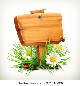 Spring, time for a picnic, wooden sign in a grass, flowers of chamomile, a ladybug and a bee in the garden, vector icon, an universal frame showing the process of springtime