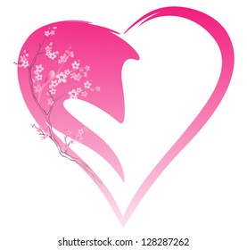 Spring time pink heart decor - blooming sakura branches with sitting bird - four seasons collection