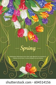 Spring time postcard with spring flowers. Vintage floral greeting card. Bouquet of tulips for banner template