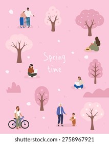Spring time poster template. Tiny flat style people in the spring park with cherry blossom.