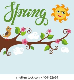 Spring time poster.Vector Cartoon bird ,tree branch,looming flowers,lettering Spring title,quote.Funny baby Illustration.Modern flat style.Greeting typographic card.Written phrases,springtime season.