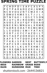 Primavera Hora Puzzle E Palavra Pesquisar Jogo Letras Grade Flores Jardim Abelhas Arco-Íris Sol Lama Árvore Borboleta Ninho