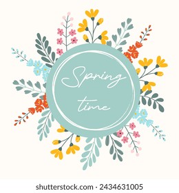 Cita de primavera. Decoración floral con coloridas flores y ramas dibujadas a mano. Forma redonda con textura de grunge con espacio para texto. Ilustración vectorial plana. Plantilla de banner o volante de venta.