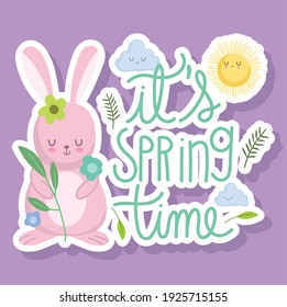 spring time rabbit flowers and sun cartoon card vector illustration