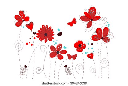 Spring Time Red Doodle Flowers Vector Background