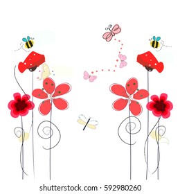  Spring time red poppy flowers, bee, butterfly. Floral vector background