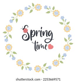 Hora de primavera. Marco floral redondo con flores amarillo-azul decorativas. Ilustración vectorial en estilo plano para decoración, diseño, impresión y servilletas, tarjetas y postales