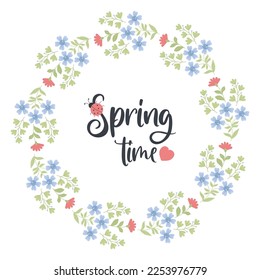 Spring time. Round floral frame with flowers. Vector illustration for decor, design, print and napkins, cards and postcard