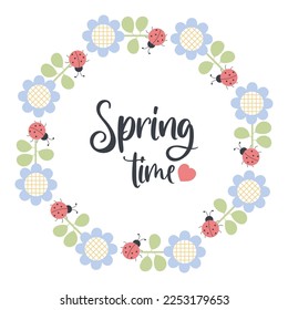 Spring time. Round frame with decorative sunflower flowers and ladybug. Vector illustration in flat style for decor, design, print and napkins, cards and postcard