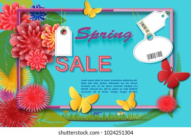 Spring time sale background with colorful flowers and leaves butterflies and labels with abstract barcode. Template for banners flyers invitation poster brochure, voucher discount. Vector illustration