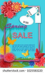 Spring time sale Vertical card with colored flowers and leaves butterflies and labels with abstract barcode Template for banners flyers invitation poster brochure voucher discount. Vector illustration