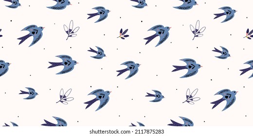 Spring time seamless pattern with birds in folk style