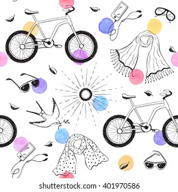 Spring time seamless pattern with colorful watercolor dots. Romantic background with hand drawn spring accessories. 