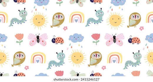 Spring time seamless pattern with cute owls and insects, childish elements, decorative wallpaper, vector design