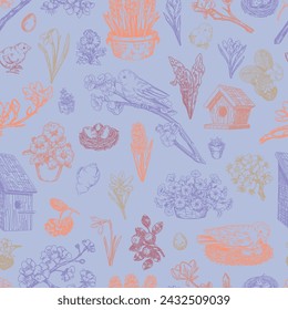 Spring time seamless pattern. Ornament of birds, nest, chicks, blooming tree, flowers. Design in retro engraving style.
