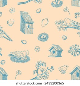 Spring time seamless pattern. Ornament of birds, nest, chicks, bird houses, eggs, blooming tree. Design in retro engraving style.