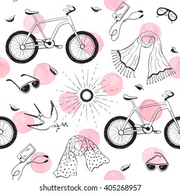Spring time seamless pattern with pink watercolor dots. Romantic background with hand drawn spring accessories.