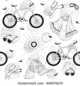 Spring time seamless pattern with watercolor dots. Romantic background with hand drawn spring accessories.