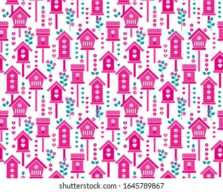Spring time seamless print. Love hearts, birdhouses, flowers background. Bird house pattern. Pink kids wallpaper.