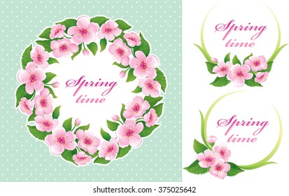 Spring time set with Floral Frame. Spring flowers arranged un a shape of the wreath perfect for wedding greeting cards, mother day