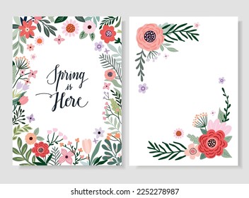 Temporada de primavera con tarjetas de felicitación, invitación, afiche, marco floral, diseño estacional y letras a mano