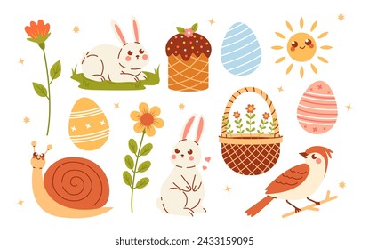 Spring time set on white background. Easter items collection. Eggs and bunnies. Bird on branch. Flowers. Snail. Sun. Easter pie