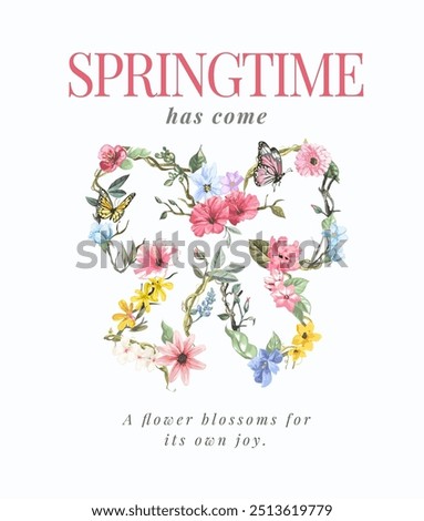 spring time slogan with colorful flowers in bow shape vector illustration