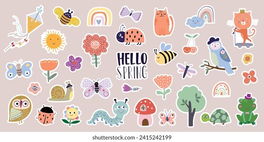 Spring time stickers collection, funny animals, insects and flowers, childish seasonal design, vector