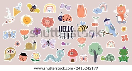 Spring time stickers collection, funny animals, insects and flowers, childish seasonal design, vector