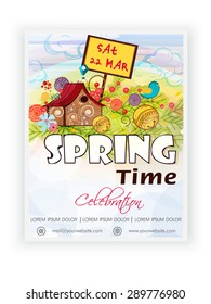 Spring Time template, banner or flyer design decorated with colorful flowers and small hut on nature background.
