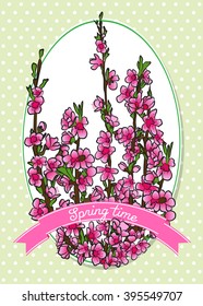 Spring time template. Spring blossoms on peach branches in label. Pink flowers. Vector card template. 