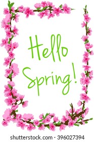 Spring time template. Spring blossoms on peach branches in label. Pink flowers. Vector card template. 