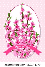 Spring time template. Spring blossoms on peach branches in label. Pink flowers. Vector card template. 