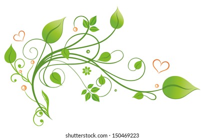 Spring time. Tendril with leaves and hearts. Green and orange.
