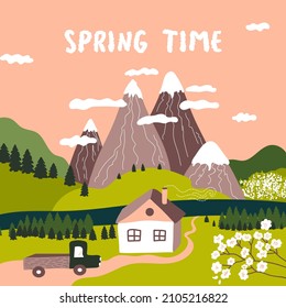 Spring Time text. Beautiful landscape.  Mountains, green hills and meadows, spruces, forest, lines, curves and  flowering tree branches, a cozy house, truck. Pink sky. Vector border. 