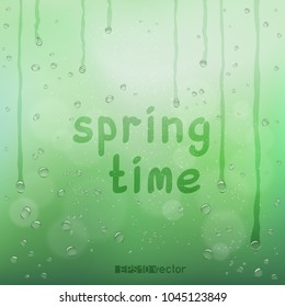 Spring time text on green blurry rain bokeh wet background. Nature blurred spring or summer abstract water bubbles design backdrop. Agriculture rainy drops flow wallpaper with message