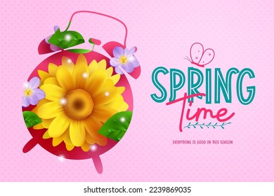 Spring time text vector design. Spring time typography in empty space with blooming flower elements in alarm clock for flowers season celebration. Vector illustration.